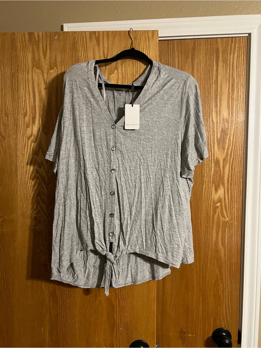 Green Envelope Gray Button-Front Tie Hem Top